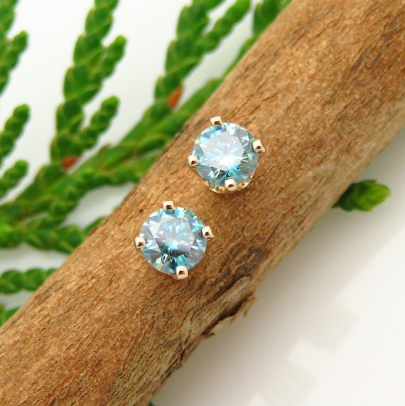 Turquoise Blue Moissanite Earrings: 14k Gold, Platinum, Or Silver Studs | Minimalist Teal Jewelry For Men Or Women | Lab Created Gems