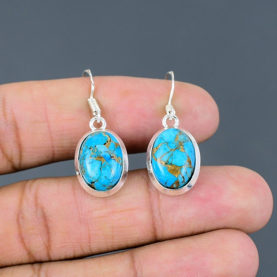 Copper Blue Turquoise Earring 925 Sterling Silver Earrings Handmade Original Gemstone Earring Decent Jewelry Minimalist Earring Gift For Mom
