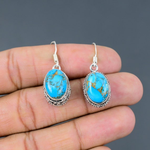 Copper Blue Turquoise Earring 925 Sterling Silver Earrings Handmade Vintage Earring Natural Gemstone Earring Brand New Jewelry Wedding Gift