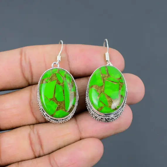 Copper Green Turquoise Earring 925 Sterling Silver Earrings Handmade Designer Jewelry Genuine Gemstone Earring Vintage Earrings Gift For Her