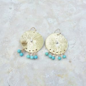 Shop Turquoise Earrings! Hammered Gold Disc Earrings with turquoise, Silver and Gold jewelry, Large statement circles | Natural genuine Turquoise earrings. Buy crystal jewelry, handmade handcrafted artisan jewelry for women.  Unique handmade gift ideas. #jewelry #beadedearrings #beadedjewelry #gift #shopping #handmadejewelry #fashion #style #product #earrings #affiliate #ad