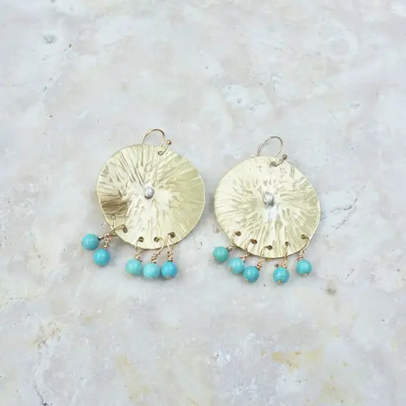 Hammered Gold Disc Earrings With Turquoise, Silver And Gold Jewelry, Large Statement Circles
