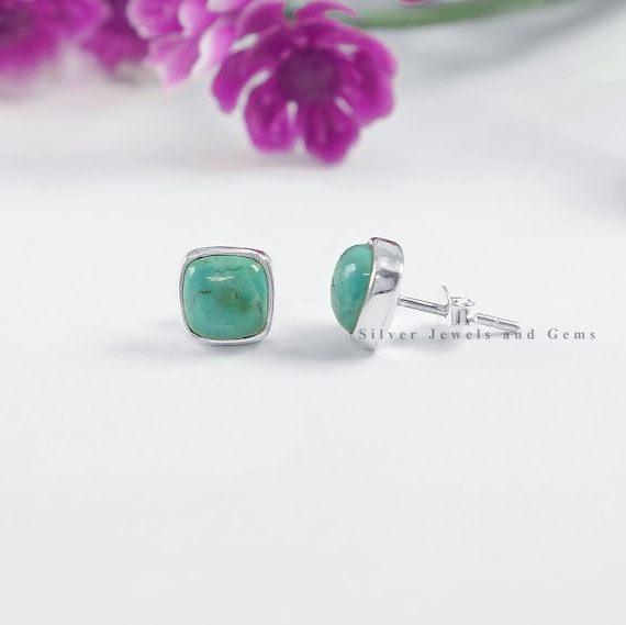 Natural Arizona Turquoise Stud Earrings, Turquoise Studs, Tiny Stud Earrings, 925 Sterling Silver Studs, Square Studs, Gift For Sister
