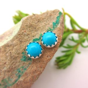 Sleeping Beauty Turquoise Cabochon Studs | 14k Gold Stud Earrings or Sterling Silver Studs | 4mm, 6mm Low Profile Serrated or Crown Earrings | Natural genuine Turquoise earrings. Buy crystal jewelry, handmade handcrafted artisan jewelry for women.  Unique handmade gift ideas. #jewelry #beadedearrings #beadedjewelry #gift #shopping #handmadejewelry #fashion #style #product #earrings #affiliate #ad