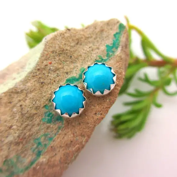 Sleeping Beauty Turquoise Cabochon Studs | 14k Gold Stud Earrings Or Sterling Silver Studs | 4mm, 6mm Low Profile Serrated Or Crown Earrings