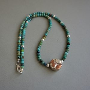 Shop Turquoise Necklaces! Turquoise and silver bead necklace with mixed metal bead, Choker Necklace, Gifts for her | Natural genuine Turquoise necklaces. Buy crystal jewelry, handmade handcrafted artisan jewelry for women.  Unique handmade gift ideas. #jewelry #beadednecklaces #beadedjewelry #gift #shopping #handmadejewelry #fashion #style #product #necklaces #affiliate #ad