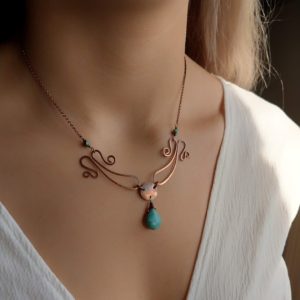 Art Nouveau copper necklace with turquoise stone, Gemstone necklace, Statement necklace, Rustic necklace, Metal necklace – NK085 | Natural genuine Gemstone necklaces. Buy crystal jewelry, handmade handcrafted artisan jewelry for women.  Unique handmade gift ideas. #jewelry #beadednecklaces #beadedjewelry #gift #shopping #handmadejewelry #fashion #style #product #necklaces #affiliate #ad