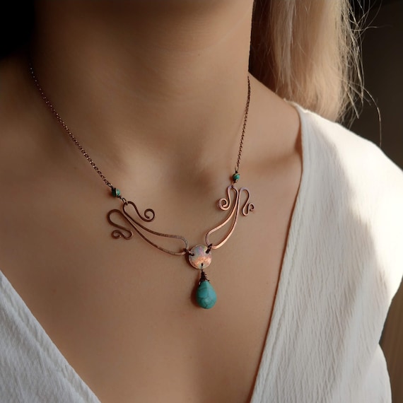 Art Nouveau Copper Necklace With Turquoise Stone, Gemstone Necklace, Statement Necklace, Rustic Necklace, Metal Necklace - Nk085