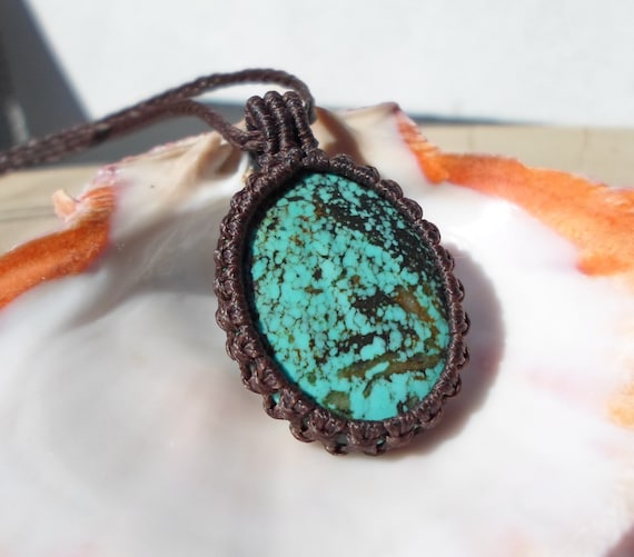 Genuine Turquoise Necklace, Asymmetric Tibetan Turquoise Macrame Pendant, Healing Crystal Necklace, Macrame Necklace With Stone