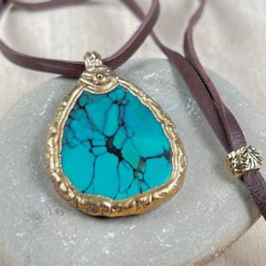 Shop Turquoise Pendants! TIBETAN TURQUOISE Necklace, Pendant, 22K Gold plated, with Deer Lace Leather, Yoga Spiritual Jewelry, Turquoise crystal, Avantgarde, Boho | Natural genuine Turquoise pendants. Buy crystal jewelry, handmade handcrafted artisan jewelry for women.  Unique handmade gift ideas. #jewelry #beadedpendants #beadedjewelry #gift #shopping #handmadejewelry #fashion #style #product #pendants #affiliate #ad