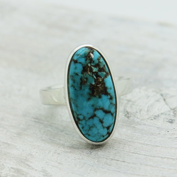 Turquoise Ring Oval Shape Cab Stone Genuine Blue Colour Natural Turquoise Stone 925 Sterling Simple Popping Color Turquoise
