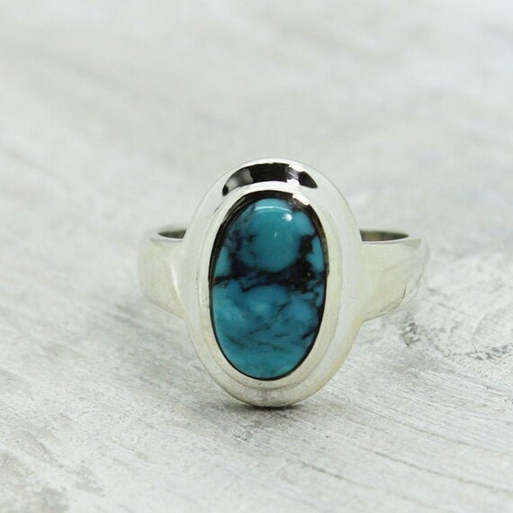Small Gorgeous Turquoise Ring Oval Shape Cab Stone Genuine Blue Color Natural Turquoise Stone 925 Sterling Simple Popping Color Turquoise