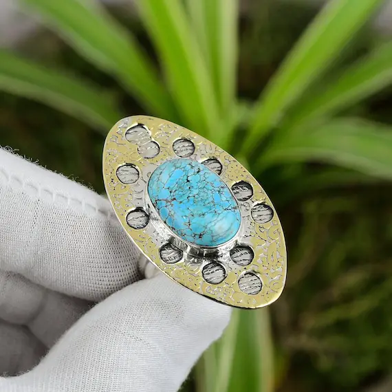 Tibetan Turquoise Ring 925 Sterling Silver Ring Adjustable Ring 18k Gold Plated Genuine Gemstone Ring Handmade Ring Gift For Friend