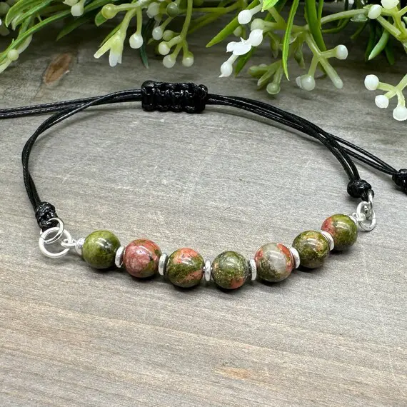 Genuine Lily Pond Unakite 7 Stone Nylon Cord Knotted Adjustable Bracelet - One Size Fits Most