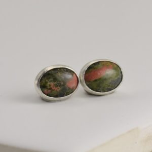 Shop Unakite Earrings! Unakite 8x6mm Oval Sterling Silver Stud Earrings Pair | Natural genuine Unakite earrings. Buy crystal jewelry, handmade handcrafted artisan jewelry for women.  Unique handmade gift ideas. #jewelry #beadedearrings #beadedjewelry #gift #shopping #handmadejewelry #fashion #style #product #earrings #affiliate #ad