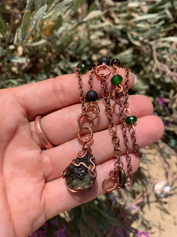 Wire Wrapped Moldavite Necklace With Tektite Garnet Beads