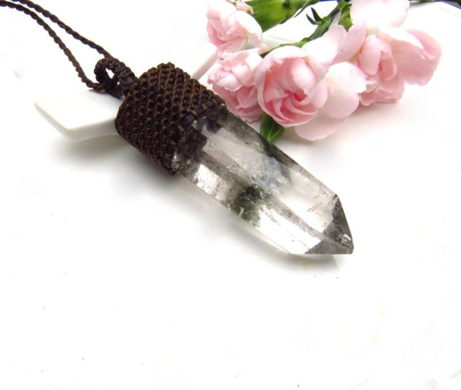 Christmas Gift Ideas, Lodolite Crystal Point Necklace, Garden Quartz, Shaman Quartz, For The Nature Lover, The Gardener, Macrame