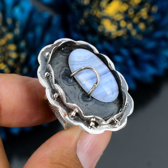 Blue Lace Agate Ring: Handmade 925 Sterling Silver Adjustable Ring