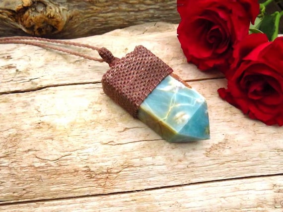 Caribbean Calcite Macrame Necklace, Crystal Point, Transformational Gift, Crystal Pendant, For The Boho Beauty Caribbean Calcite Macrame Necklace, Crystal Point, Transformational Gift, Crystal Pendant, For The Boho Beauty