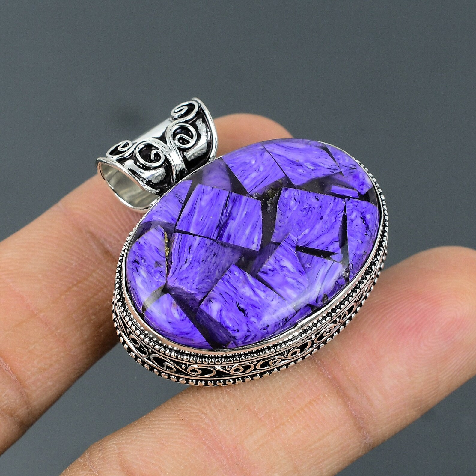 Handmade Copper Charoite 925 Sterling Silver Pendant: Vintage Gemstone Jewelry