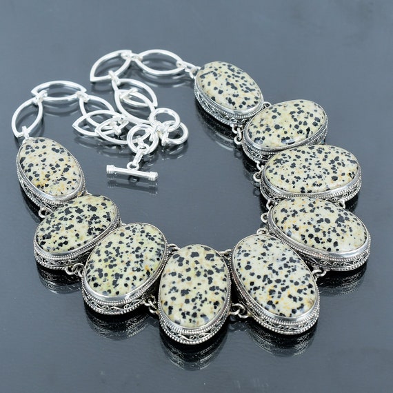 Handmade Dalmatian Jasper Necklace: Vintage 925 Sterling Silver Adjustable Chain