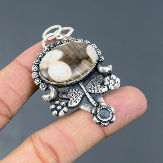 Peanut Wood Jasper 925 Sterling Silver Pendant: Handmade Dragonfly Jewelry