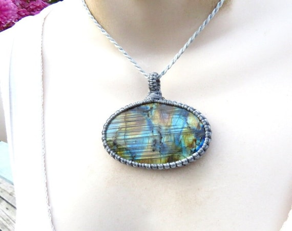 Quality Rainbow Labradorite Macrame Necklace, Gemstone Necklace, Christmas Gift Ideas For Her, For Him, Gemstone Gifts For The Boho Beauty Quality Rainbow Labradorite Macrame Necklace, Gemstone Necklace, Christmas Gift Ideas For Her, For Him, Gemstone Gifts For The Boho Beauty