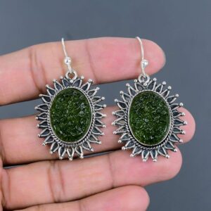 Handmade Moldavite Earrings: 925 Sterling Silver Antique Jewelry