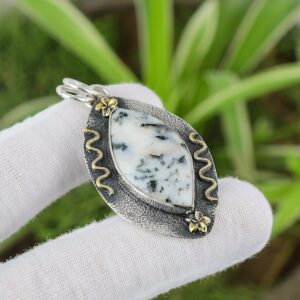 Handmade Moss Agate Pendant: 925 Sterling Silver, 18K Gold Plated Handmade Moss Agate Pendant: 925 Sterling Silver, 18K Gold Plated