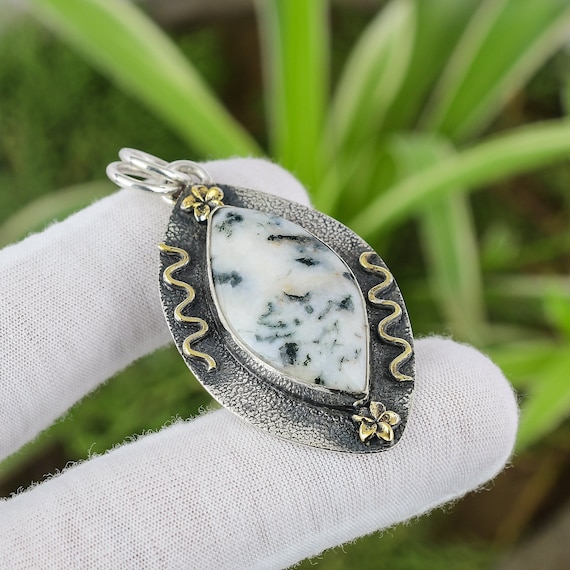 Handmade Moss Agate Pendant: 925 Sterling Silver, 18k Gold Plated Handmade Moss Agate Pendant: 925 Sterling Silver, 18k Gold Plated