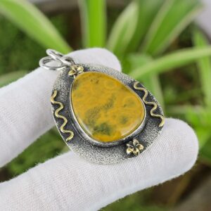 Handmade Ocean Jasper Pendant: 925 Sterling Silver, 18k Gold Plated