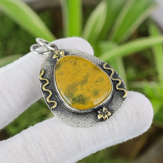 Handmade Ocean Jasper Pendant: 925 Sterling Silver, 18k Gold Plated Handmade Ocean Jasper Pendant: 925 Sterling Silver, 18k Gold Plated