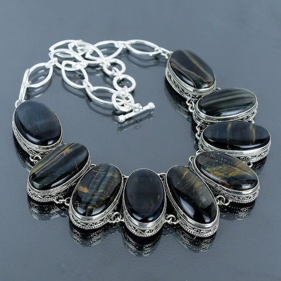 Handmade Pietersite Necklace: Vintage 925 Sterling Silver Gemstone Chain