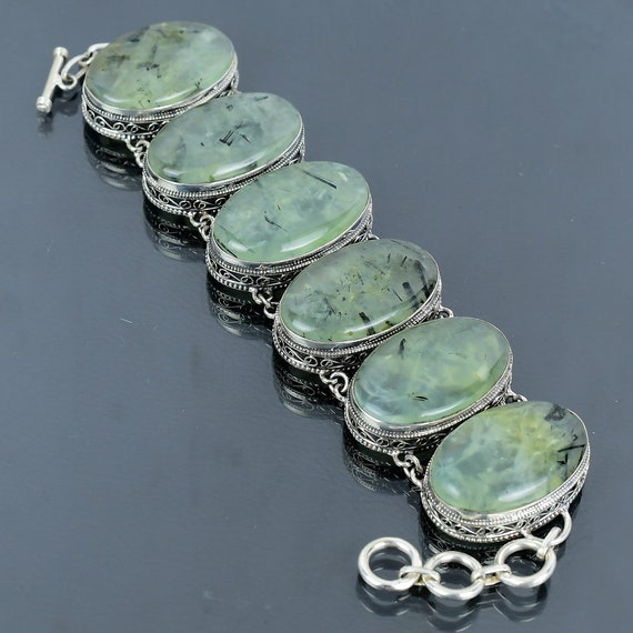 Moss Prehnite 925 Sterling Silver Bracelet - Handmade Vintage Gemstone Jewelry