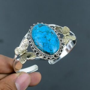 Handmade Tibetan Turquoise Cuff Bracelet: Sterling Silver Butterfly Bangle