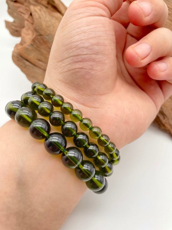 100% Genuine Moldavite Round Beaded Bracelet /genuine Moldavite Tektite / Natural Moldavite Bracelet From Czech Republic