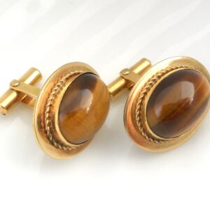 12K GF Destino Signed Tigereye Cufflinks Vintage Oval Brown and Gold Gemstone Cuff Links 4 Men Mens Jewelry Decision Maker Stone Gold Filled