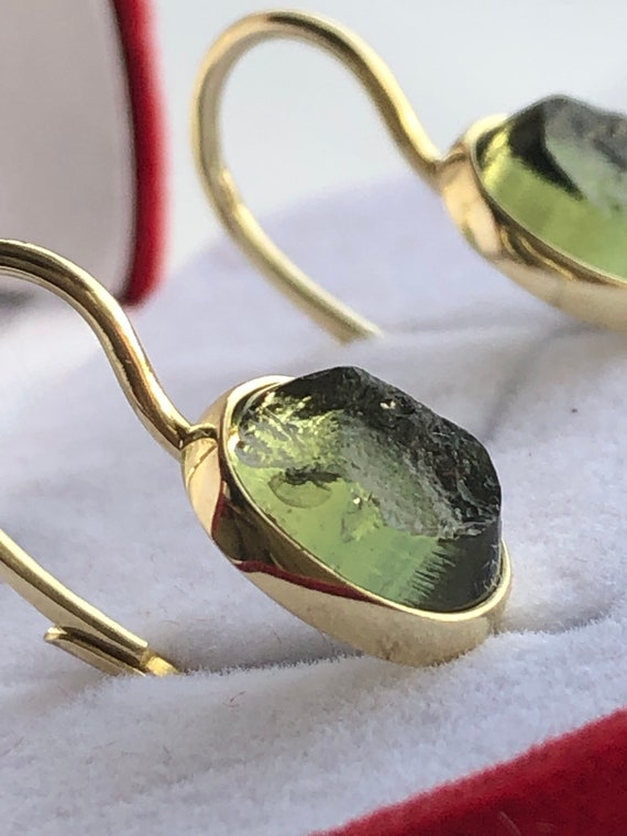 14k Gold Raw Moldavite Earrings: Authentic Czech Jewelry
