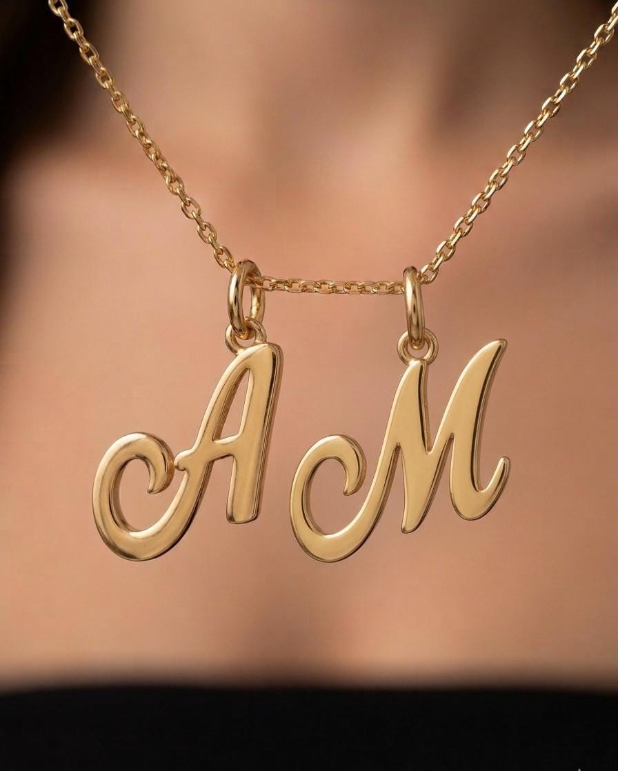 14k Solid Gold Cursive Initial Pendant, Name Letter Necklace, Pick Your Initial, Personalized Name, Custom Made Engraved Charm, Stamped