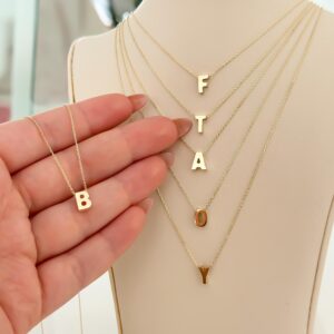 14k Solid Gold Initial Pendant Necklace Adjustable Cable Chain 17-18" Initial Charm, Personalized Gift Alphabet Gold Letter Necklace Stamped