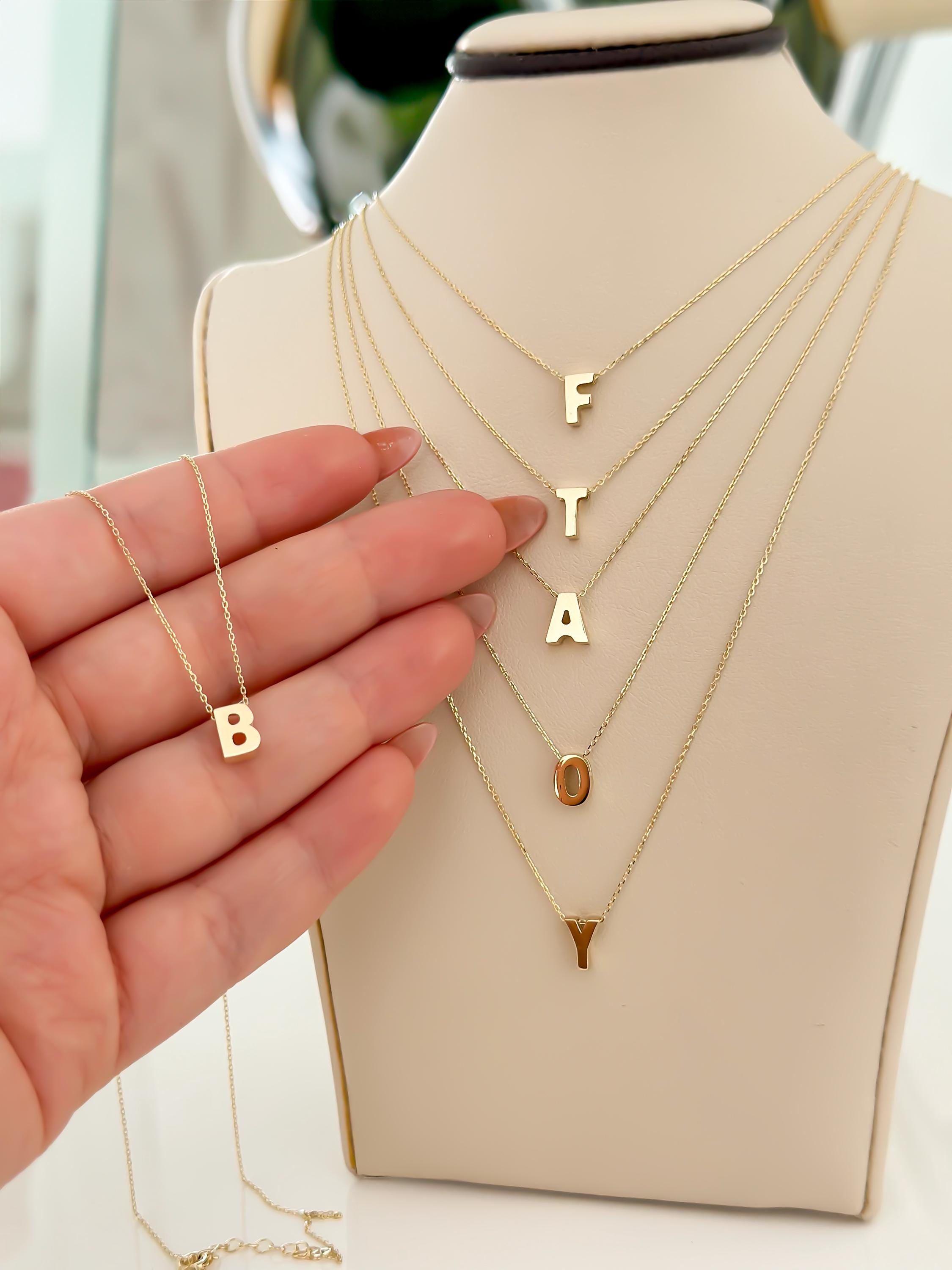 14k Solid Gold Initial Pendant Necklace Adjustable Cable Chain 17-18" Initial Charm, Personalized Gift Alphabet Gold Letter Necklace Stamped