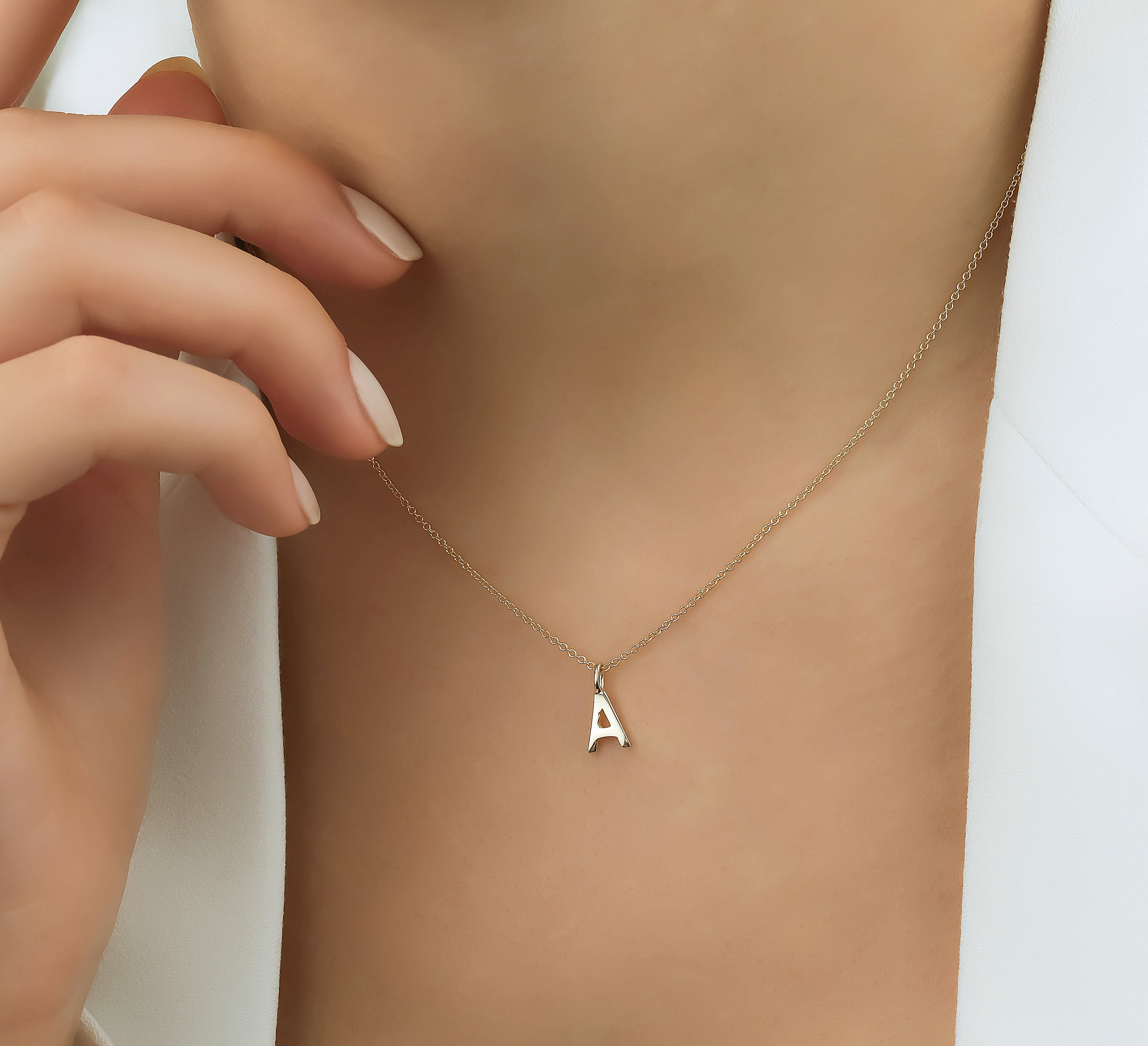 14k Solid Yellow Gold Initial Necklace, Letter Necklace, Gold Initial Pendant, Letter A Necklace, Gold Necklace