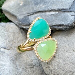 14k Yellow Gold Sterling Silver Chrysoprase & Green Calcite White Sapphire Ring Size 8/ 14k Gold Green Chrysoprase Ring/ 14k Chalcedony Ring