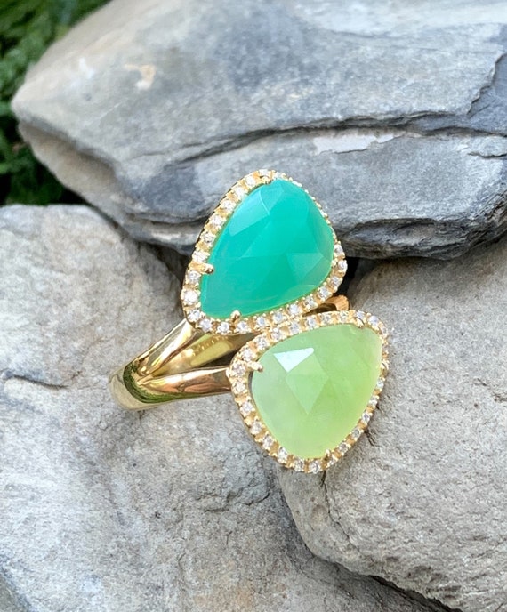 14k Yellow Gold Sterling Silver Chrysoprase & Green Calcite White Sapphire Ring Size 8/ 14k Gold Green Chrysoprase Ring/ 14k Chalcedony Ring