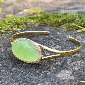 14k Yellow Gold Vermeil Sterling Silver Green Calcite White Topaz Cuff Bracelet/ Yellow Gold Cuff Bracelet/ Green Gemstone Bracelet