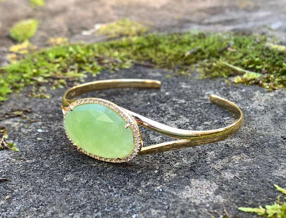 14k Yellow Gold Vermeil Sterling Silver Green Calcite White Topaz Cuff Bracelet/ Yellow Gold Cuff Bracelet/ Green Gemstone Bracelet