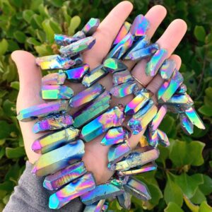 15 Inch Natural Raw Healing Crystal White Quartz Rainbow Ab Titanium Coated Large Size Chakras Gemstone Pendant Drop Stick Point Bead