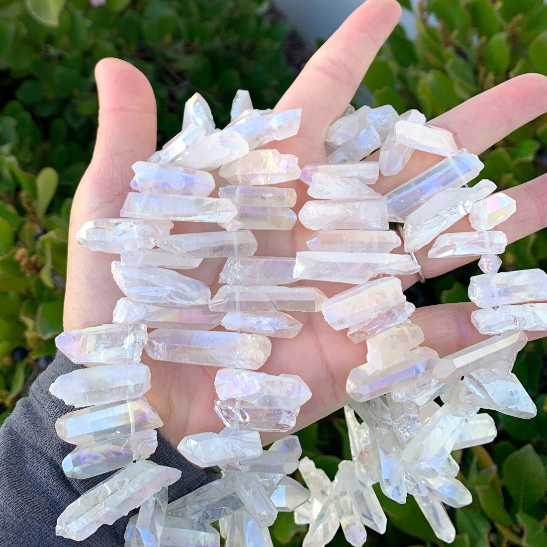 15 Inch Natural Raw Healing White Quartz Crystal Ab Titanium Coated Medium Size Chakras Gemstone Pendant Drop Stick Point Beads
