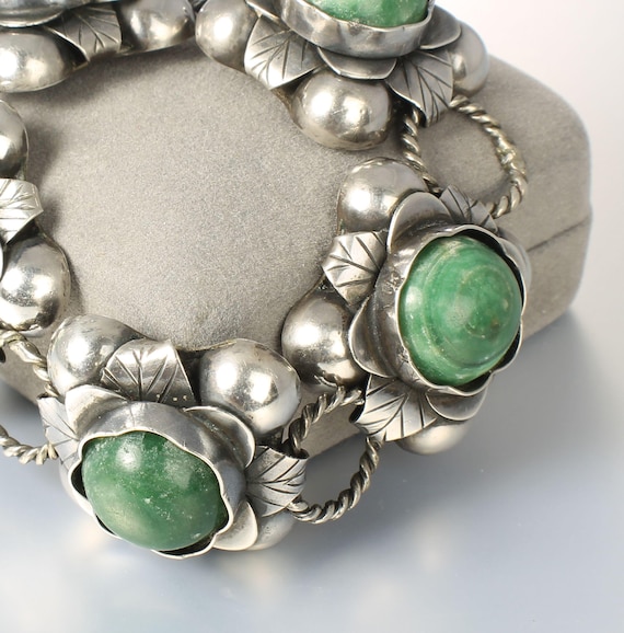 1940s Mexico Sterling Silver Flower Link Bracelet Green Calcite