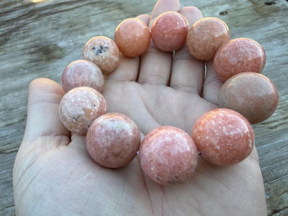 20 Mm Peach Calcite Gemstone Beaded Chunky Bracelet, Pink Stone Beaded Elastic Bracelet, Large Bead Bracelet, Gift For Woman 20 Mm Peach Calcite Gemstone Beaded Chunky Bracelet, Pink Stone Beaded Elastic Bracelet, Large Bead Bracelet, Gift For Woman